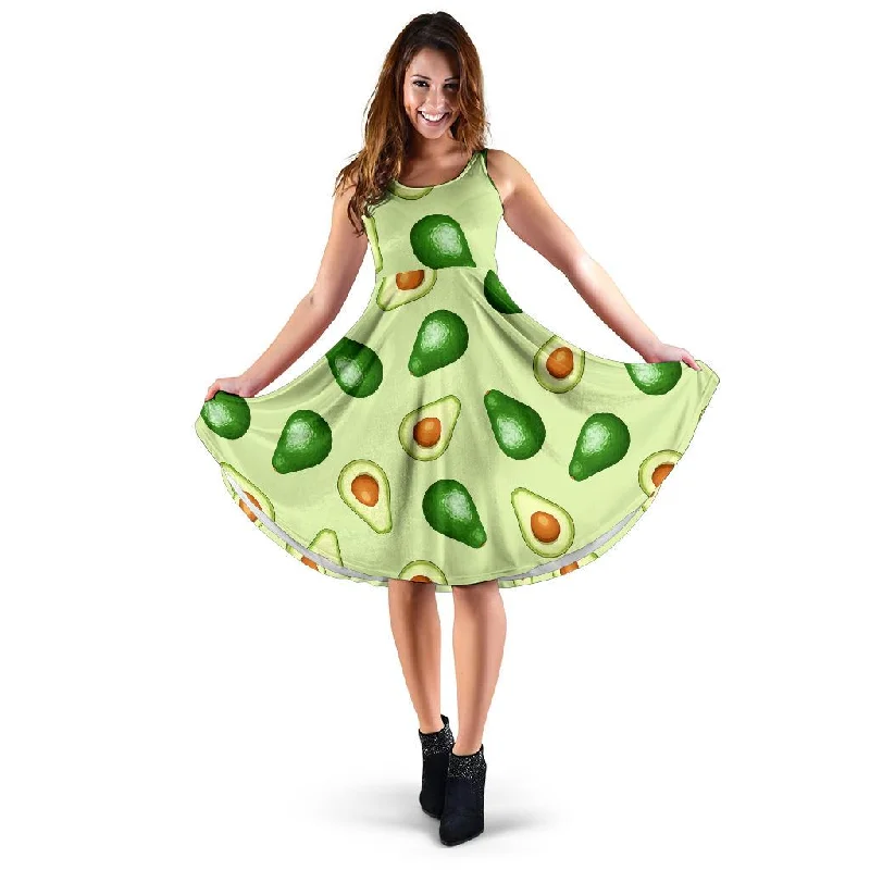 Green Avocado Patttern Print Dress Crew Neckline Casual