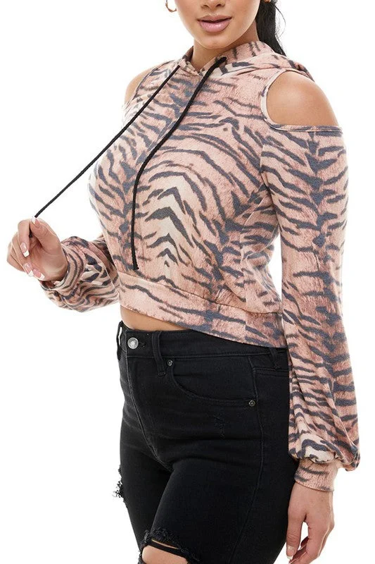 TIGER PRINT OPEN SHOULDER CROP HOODIE Hoodie with Typography Text Message