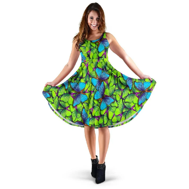 Green Blue Butterfly Pattern Print Dress Cowl Neckline Elegant