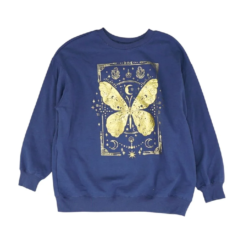 Blue Graphic Sweatshirt Hoodie with Hem Lace Feminine Delicate