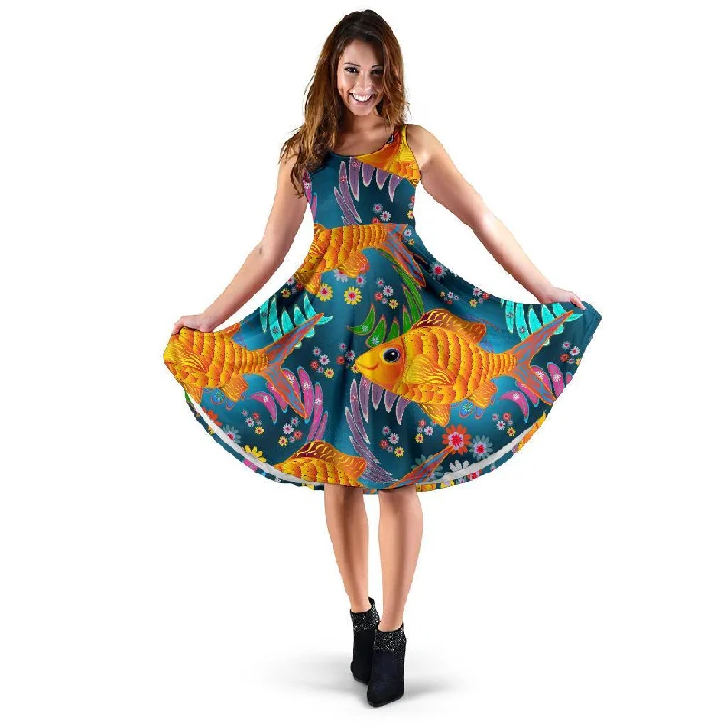 Goldfish Flower Pattern Print Dress Tunics Satin smooth