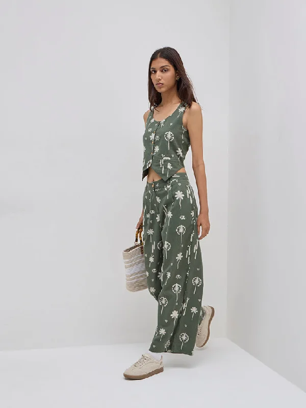 Bombay Paisley Olive Floral High-Rise Cotton-Blend Pants Formal Dress Pants