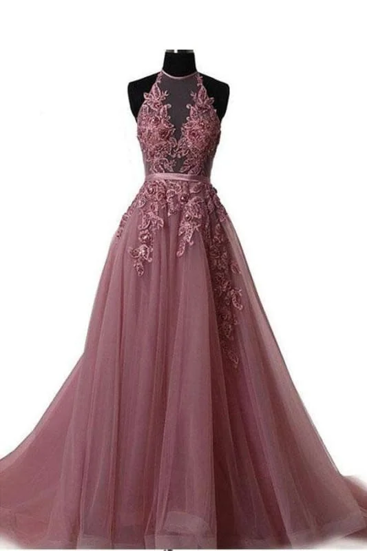 A Line Cheap Halter Tulle Prom Appliques Long Party Dress with Rhinestones Tunics Winter warm A Line Cheap Halter Tulle Prom Appliques Long Party Dress with Rhinestones Tunics Winter warm