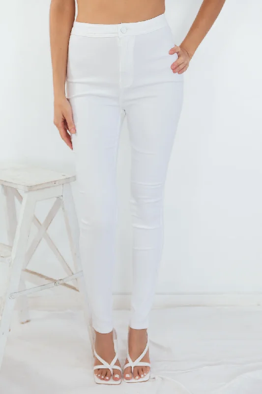 Fitted Stretch Denim Pants - White Elegant Trouser Pants