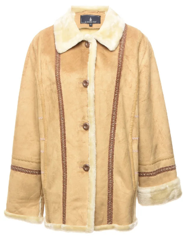 London Fog Light Brown Shearling Faux Suede Jacket - M Ribbed Jacket Pleated Jacket Ruffled Jacket London Fog Light Brown Shearling Faux Suede Jacket - M Ribbed Jacket Pleated Jacket Ruffled Jacket