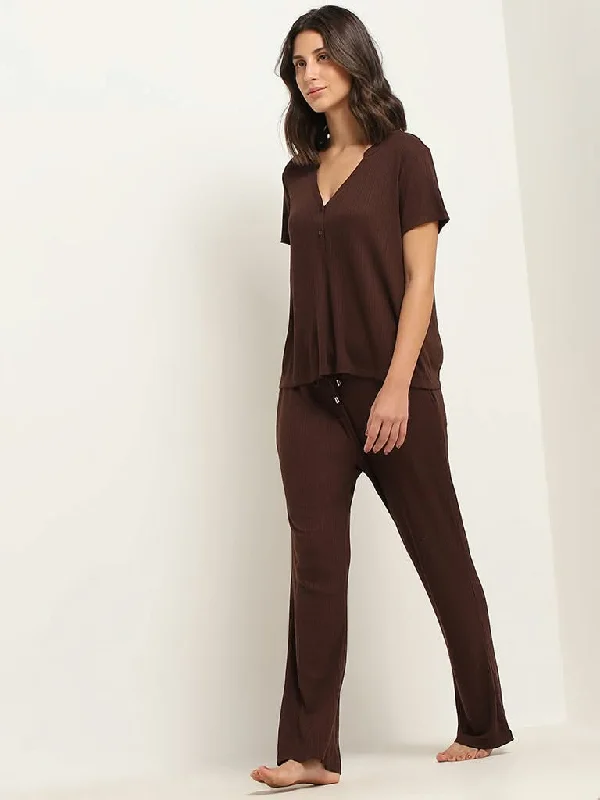 Wunderlove Brown Self-Patterned Supersoft Pants Stylish Paperbag Waist Pants