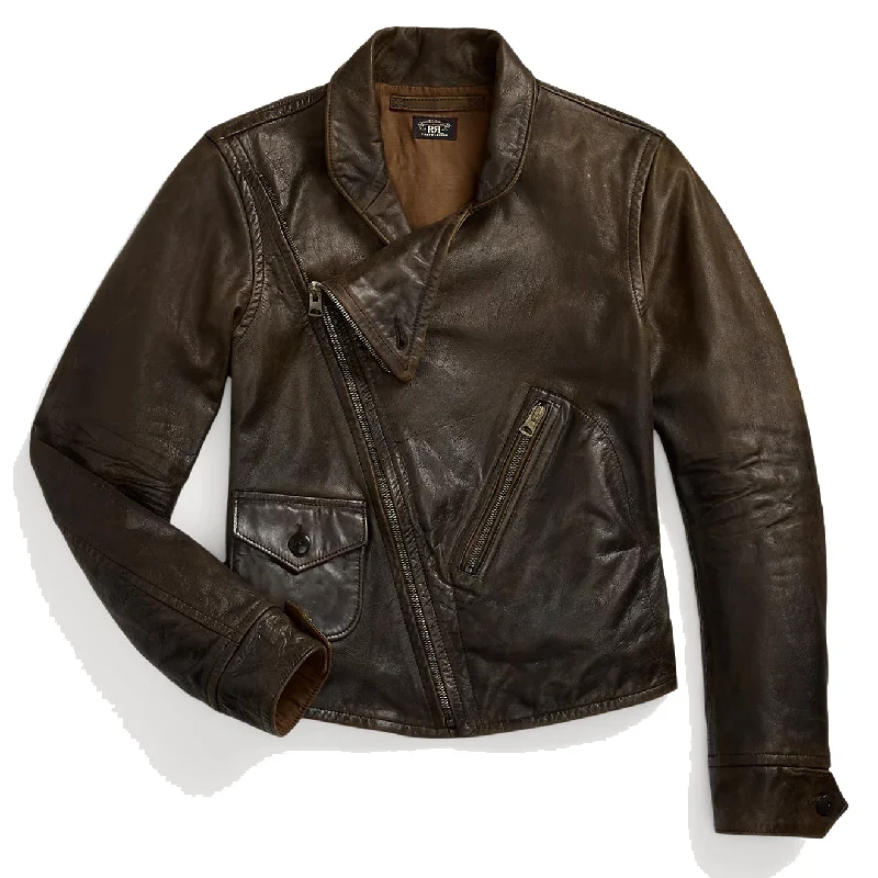 RRL by Ralph Lauren Womens Leather Moto Jacket Dark Sepia Jersey Jacket Tulle Jacket Batik Jacket RRL by Ralph Lauren Womens Leather Moto Jacket Dark Sepia Jersey Jacket Tulle Jacket Batik Jacket