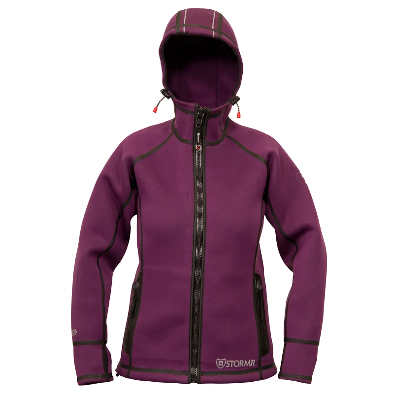 Stormr Womens Typhoon Jacket Plum Neoprene Core Hooded Fleece Notch Collar Peter Pan Collar Cowl Neck Stormr Womens Typhoon Jacket Plum Neoprene Core Hooded Fleece Notch Collar Peter Pan Collar Cowl Neck