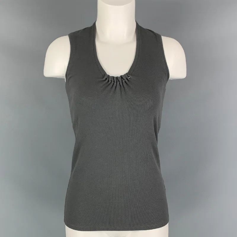BRUNELLO CUCINELLI Size L Grey Cotton  Lycra Pleated Tank Casual Top sheer tank top