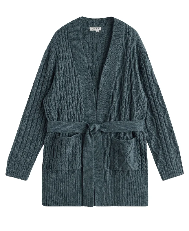 Cable Belted Cardigan - Mid Blue Stretchy Elastic Breathable
