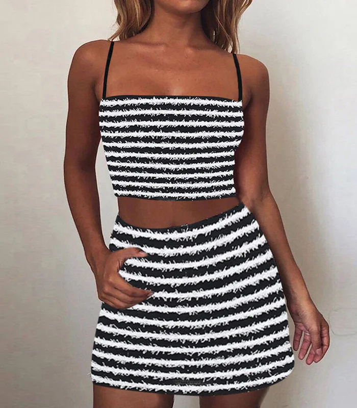 Fashion Women'S Stripe Print Camis And Skirt Set linen skirt breathable