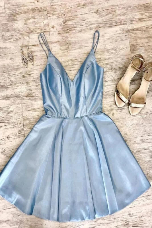Double Straps Sky Blue Satin Party Dress Cheap Short Homecoming Gown Tunics Plaid country Double Straps Sky Blue Satin Party Dress Cheap Short Homecoming Gown Tunics Plaid country