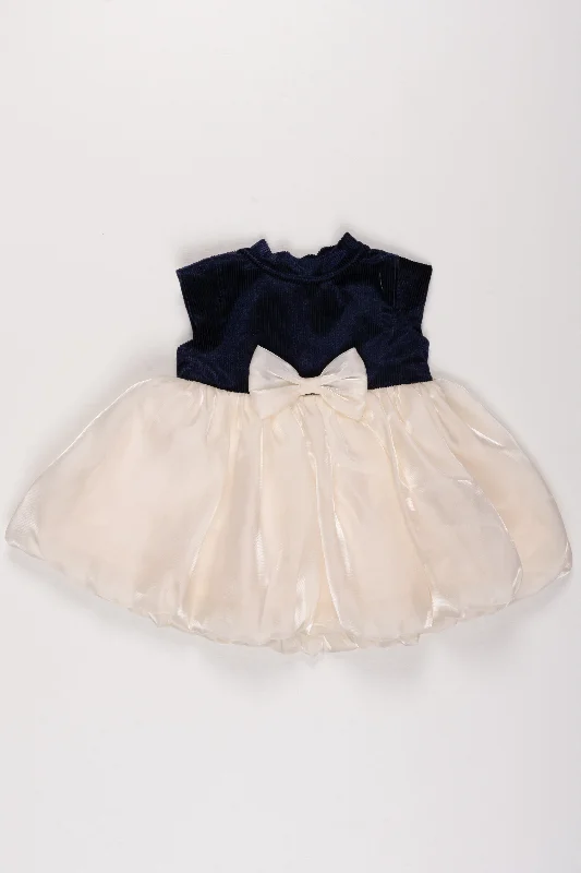 Navy Blue Organza and Cream Tulle Party Dress with Satin Bow for Girls Boatneck Modish Everyday Navy Blue Organza and Cream Tulle Party Dress with Satin Bow for Girls Boatneck Modish Everyday