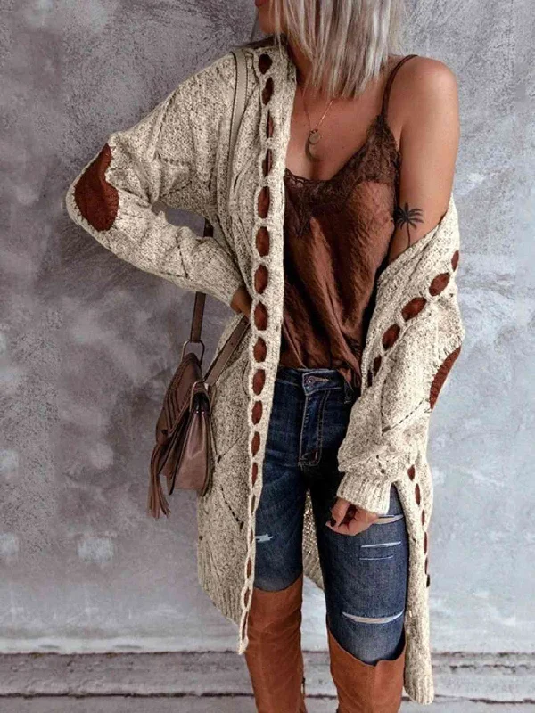 Paisley Openwork Long Sleeve Open Front Hooded Cardigan Polka Dot Checkered Tartan