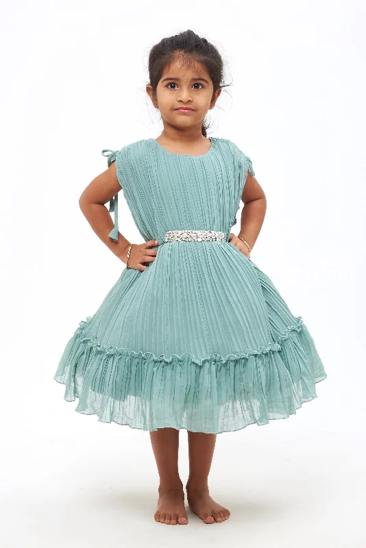 Girls Emerald Green Pleated Georgette Party Dress with Contemporary Poncho Sleeves Tunics Floral girly