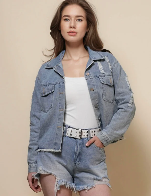Ladies Turndown Neck Back Star Denim Jacket SKT50022 Zip Front Button Front Snap Front Ladies Turndown Neck Back Star Denim Jacket SKT50022 Zip Front Button Front Snap Front