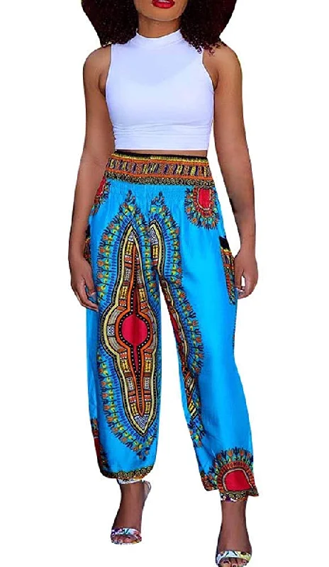 Women's Afrikan Dashiki Floral Casual Loose Baggy Pants High-Waist Jeans
