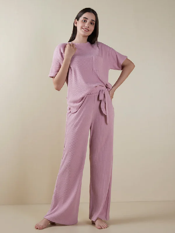 Wunderlove Pink Ribbed Track Pants Comfy High-Waist Jeans