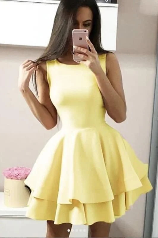 Yellow Two Tiers Sleeveless Satin Mini Party Dress A Line Short Prom Gowns Tunics Floral girly Yellow Two Tiers Sleeveless Satin Mini Party Dress A Line Short Prom Gowns Tunics Floral girly