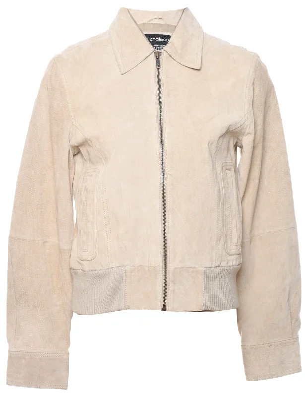 Le Chateau Beige Zip-Front Suede Jacket - M Cotton Fabric Linen Fabric Terry Fabric