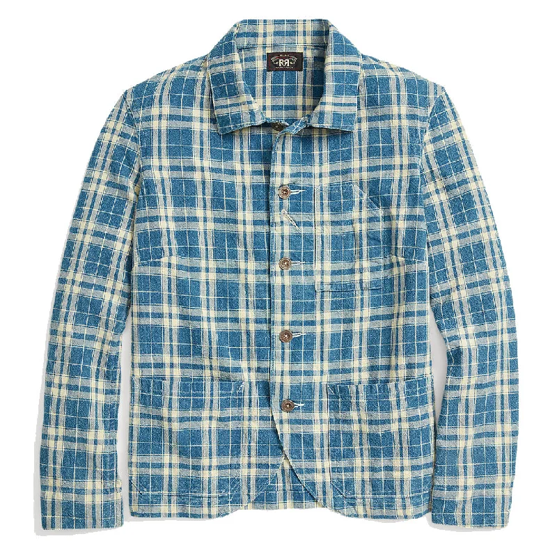 RRL by Ralph Lauren Womens Plaid Indigo Cotton-Linen Jacket Indigo / Cream Nylon Fabric Polyester Fabric Spandex Fabric RRL by Ralph Lauren Womens Plaid Indigo Cotton-Linen Jacket Indigo / Cream Nylon Fabric Polyester Fabric Spandex Fabric