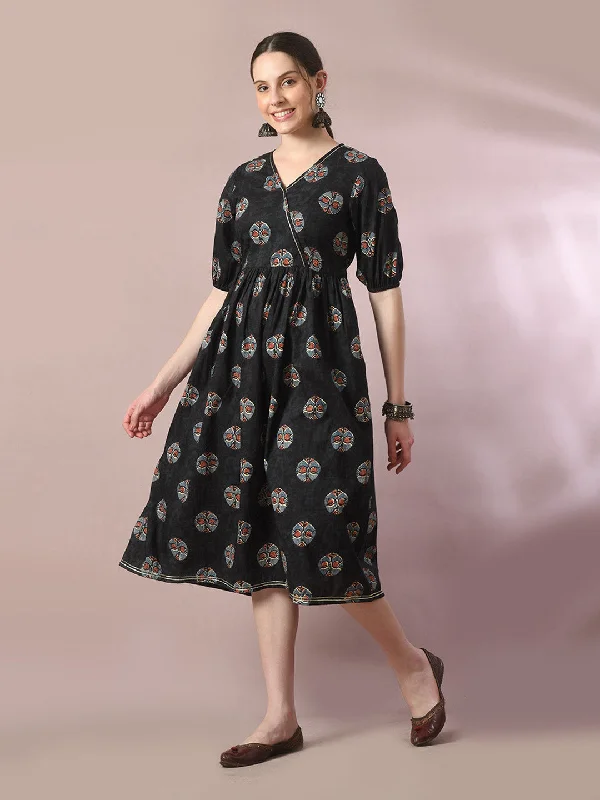 Women's  Black Printed Cotton V-Neck Empire Party Dress  - Myshka Tunics Gym athletic