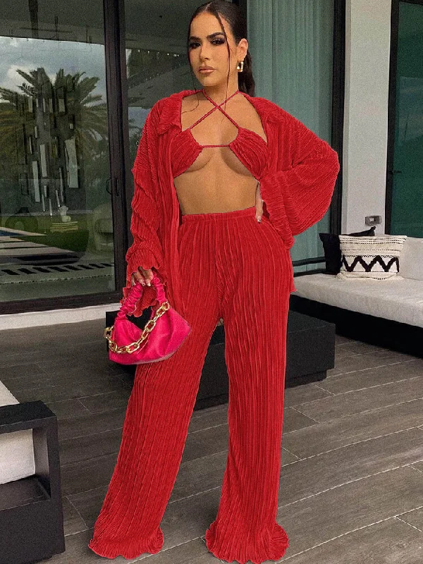 Three Piece Long Sleeve Cardigan & Wide Leg Pants Suit Fleece Fabric Down Fabric Feather Fabric Three Piece Long Sleeve Cardigan & Wide Leg Pants Suit Fleece Fabric Down Fabric Feather Fabric