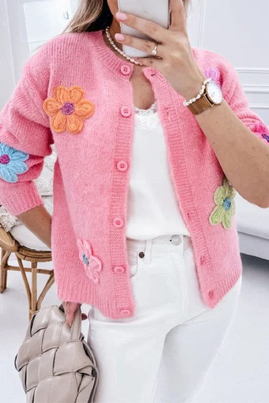 Blue Zone Planet | Pink Cute Knitted Floral Pattern Button Up Cardigan Patchwork Embroidered Appliqued Blue Zone Planet | Pink Cute Knitted Floral Pattern Button Up Cardigan Patchwork Embroidered Appliqued