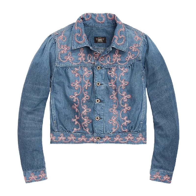 RRL by Ralph Lauren Womens Martine Trucker Jacket Blue / Pink Cotton Jacket Linen Jacket Terry Jacket