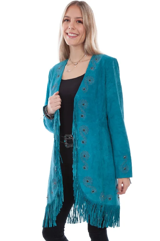 Scully Womens Dark Turquoise Leather Fringe Coat Jacket Denim Jacket Leather Jacket Suede Jacket