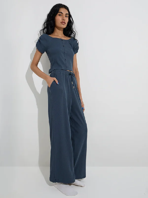Superstar Dark Grey Ribbed Mid-Rise Cotton Pants Trendy Velvet Pants