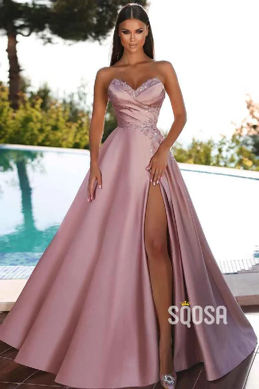 A Line V neck Satin Appliques Elegant Long Prom Party Dress with Slit QP1396 Pleated Skirt Elegant A Line V neck Satin Appliques Elegant Long Prom Party Dress with Slit QP1396 Pleated Skirt Elegant