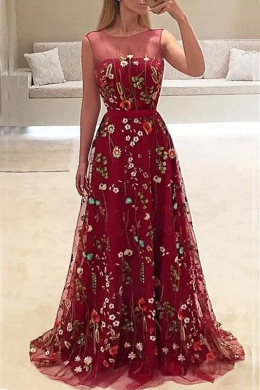 Elegant Burgundy Long A-line Sleeveless Prom with Flowers New Party Dress Tunics New arrival Elegant Burgundy Long A-line Sleeveless Prom with Flowers New Party Dress Tunics New arrival