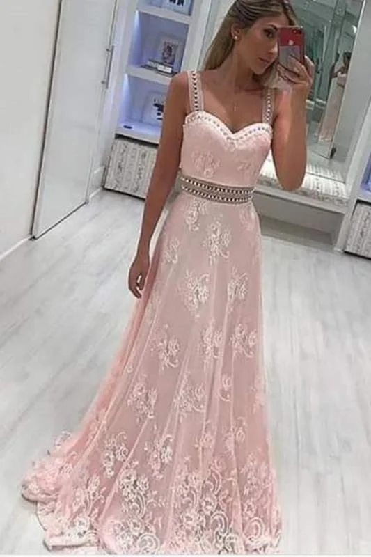 A Line Straps Lace Appliqued Prom Dress with Beads Light Pink Long Party Dresses Tunics Formal black A Line Straps Lace Appliqued Prom Dress with Beads Light Pink Long Party Dresses Tunics Formal black
