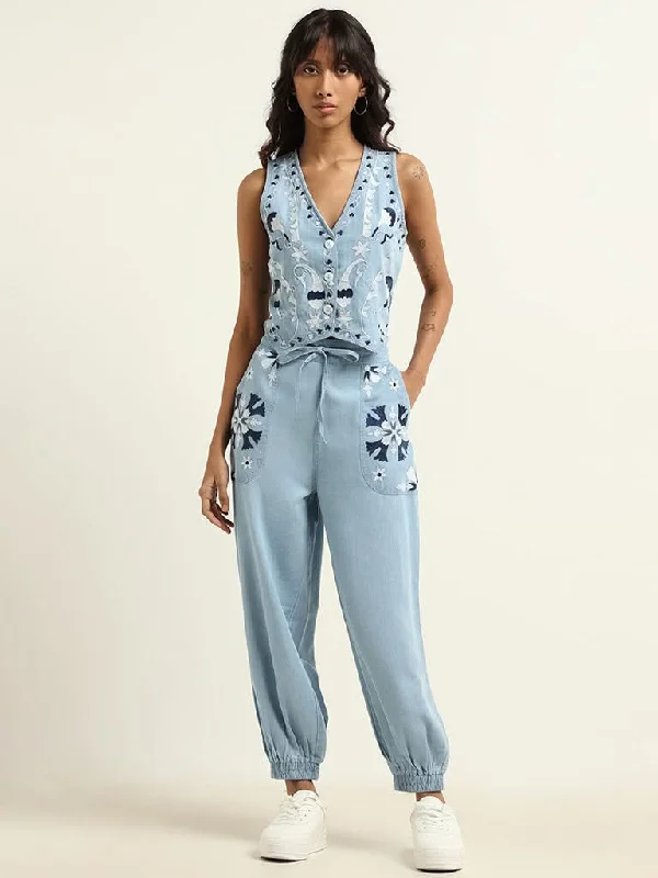 Bombay Paisley Blue Embroidered Ethnic Pants Soft Wool Pants