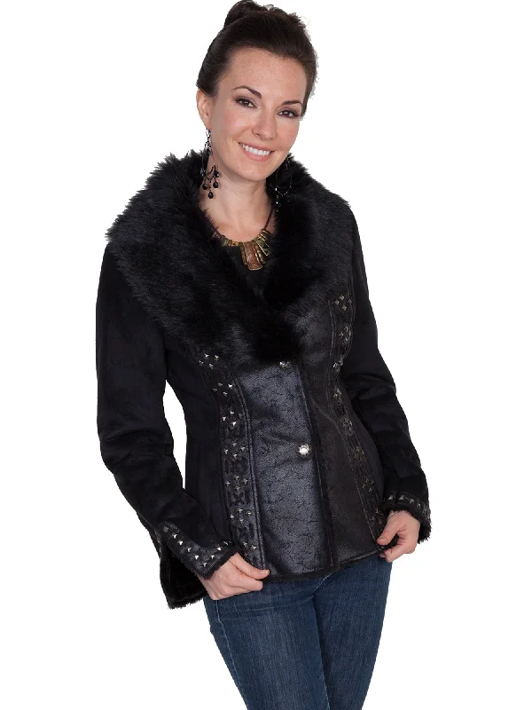 Scully Womens Black Faux Fur Stud Jacket Mesh Jacket Canvas Jacket Denim Jacket