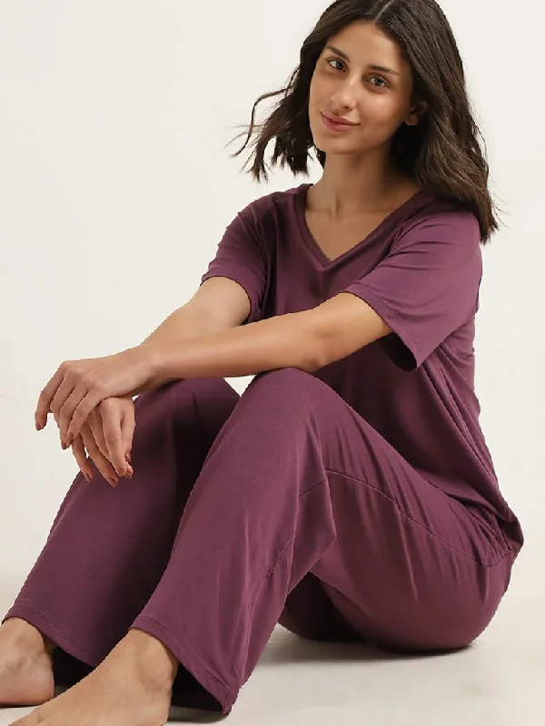 Wunderlove Purple Flared Cotton Supersoft Pants Relaxed Lounge Trousers