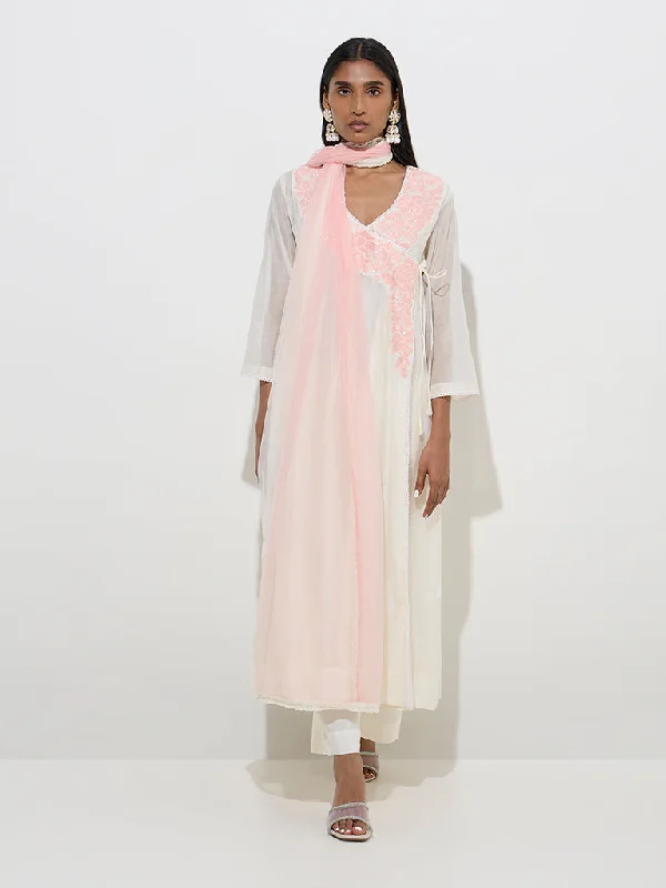 Vark White Floral Cotton-Blend Kurta, Pants and Dupatta Set Trendy High-Waist Trousers
