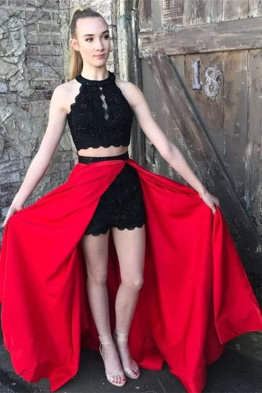 Attractive Excellent Red and Black A-line Jewel Split Sleeveless Lace Long Prom Party Dress Tunics Practical easy-care Attractive Excellent Red and Black A-line Jewel Split Sleeveless Lace Long Prom Party Dress Tunics Practical easy-care