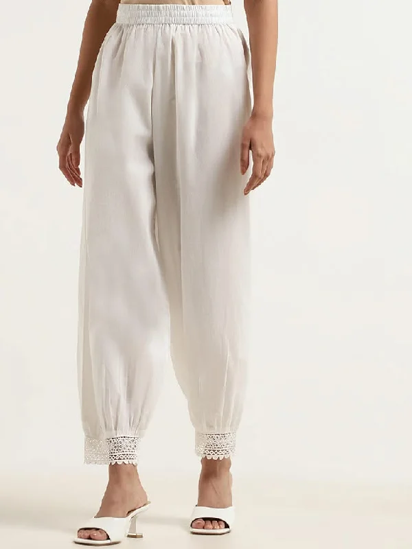 Utsa White Cotton Lacy Pants Stylish Elastic Waist Pants