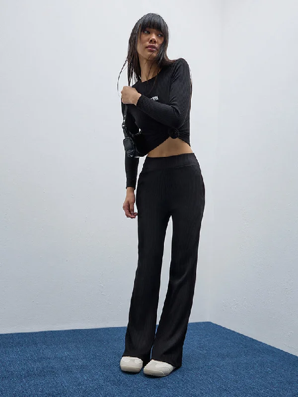 Studiofit Black Ribbed High-Rise Track Pants Formal Stretch Pants