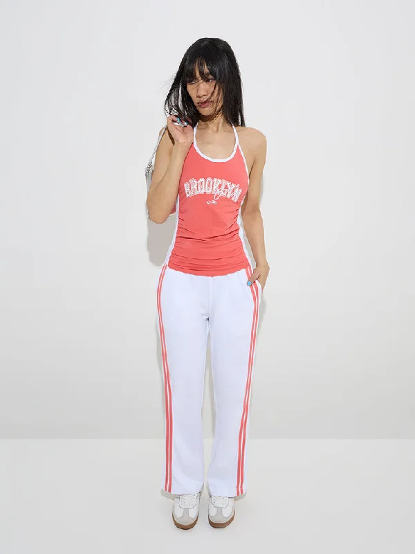Studiofit White Striped High-Rise Cotton Track Pants High-Waist Jeans
