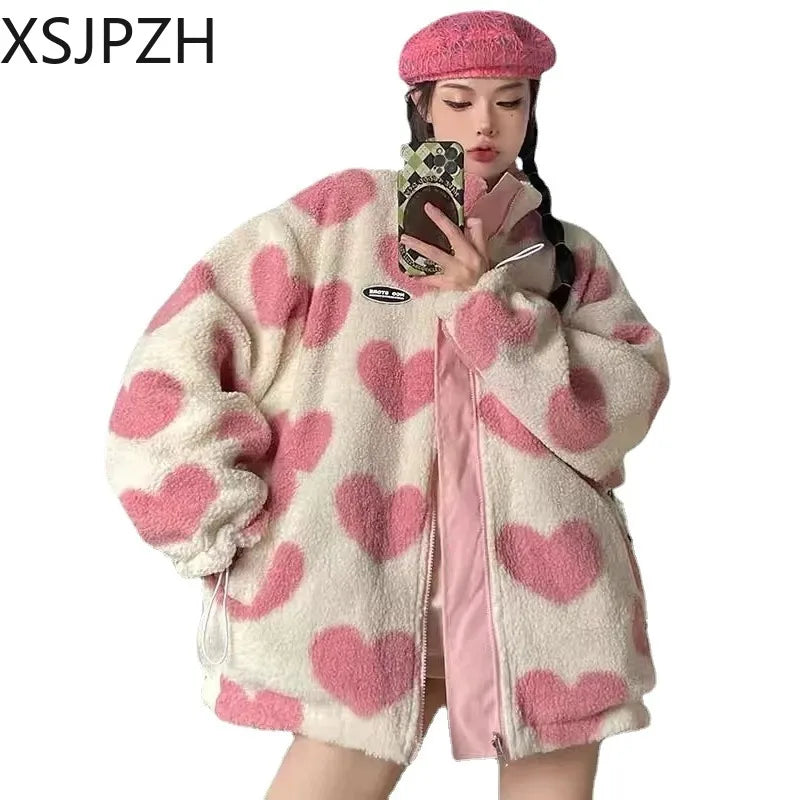 Women Loose Coat Women Double-sided Wear Loving Heart Lamb Wool Winter Clothes Padded Jacket Fashion Stand-up Collar Reversible Herringbone Jacket Checkered Jacket Solid Jacket Women Loose Coat Women Double-sided Wear Loving Heart Lamb Wool Winter Clothes Padded Jacket Fashion Stand-up Collar Reversible Herringbone Jacket Checkered Jacket Solid Jacket