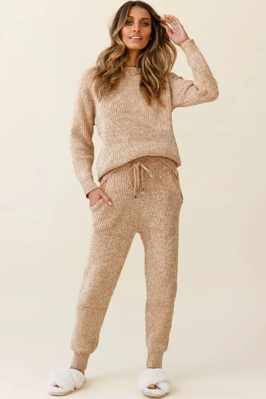 Robin Cuffed Hem Drawstring Ribbed Knit Pants Tan Classic Cropped Pants