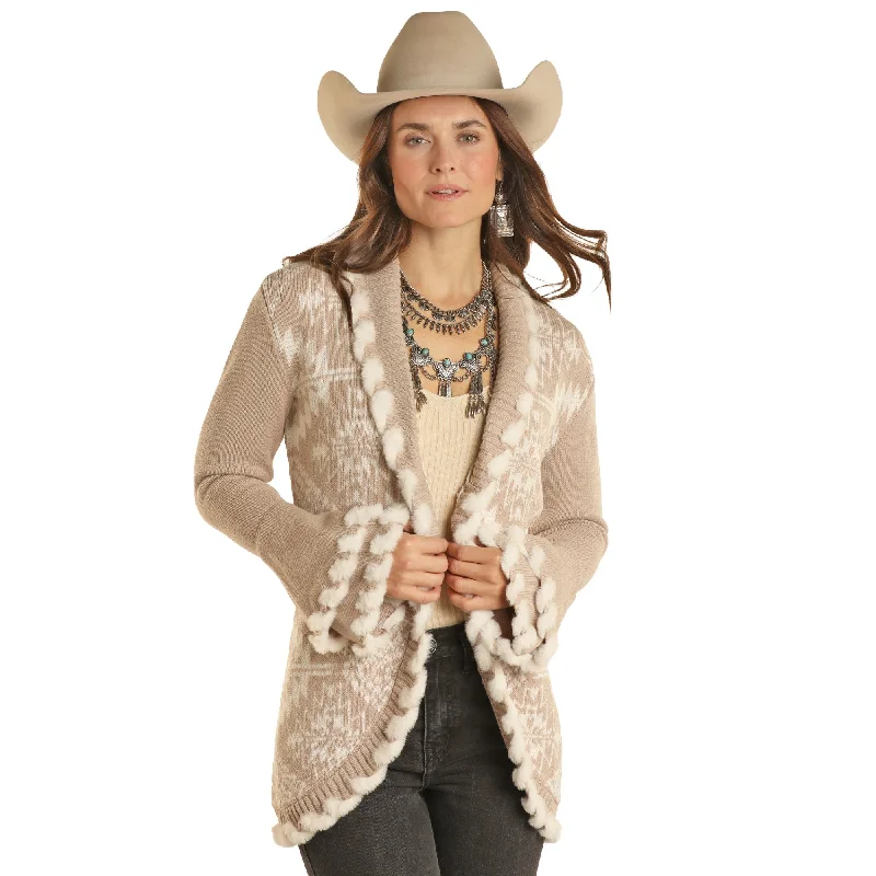 Powder River Outfitters Ladies Aztec Fur Lacing Tan Cardigan DW95C01971 Collared Crew Neck Turtle Neck Powder River Outfitters Ladies Aztec Fur Lacing Tan Cardigan DW95C01971 Collared Crew Neck Turtle Neck