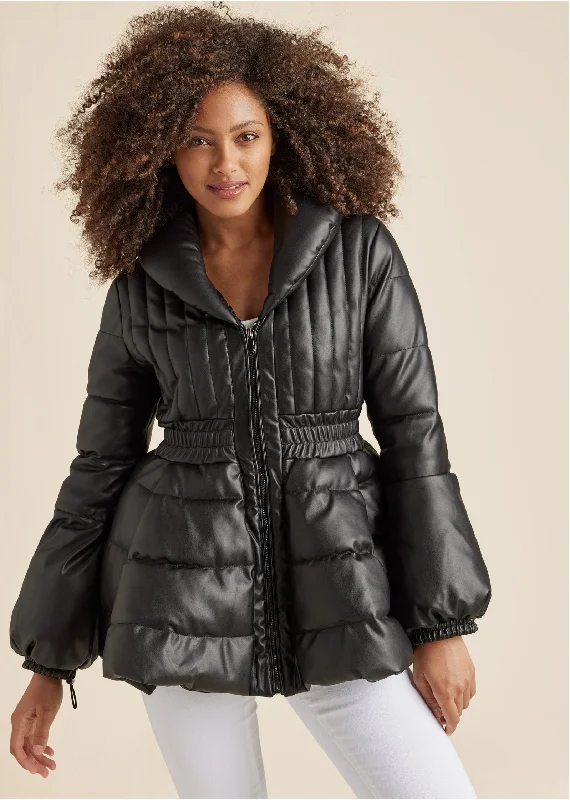 Peplum Puffer Jacket - Black Plaid Jacket Tartan Jacket Houndstooth Jacket