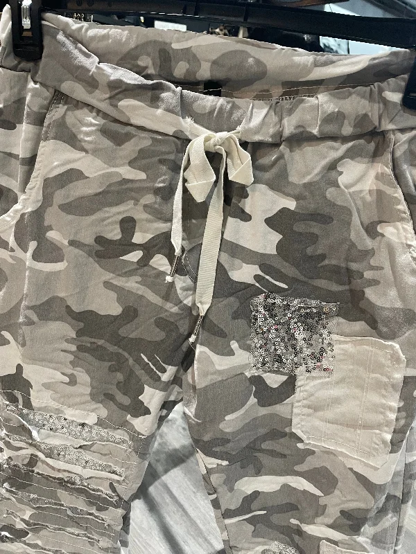 Camouflage Crinkle Jogger pants w/ Sequin Patches Elegant Wool Trousers