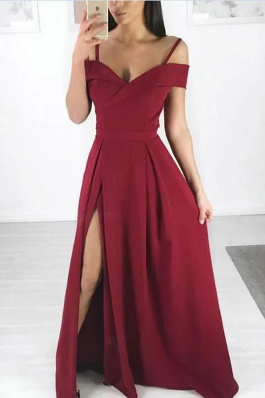 Burgundy Side Slit Simple Cheap Long Party Dresses Off the Shoulder Prom Dress sweetheart Neckline Romantic Burgundy Side Slit Simple Cheap Long Party Dresses Off the Shoulder Prom Dress sweetheart Neckline Romantic