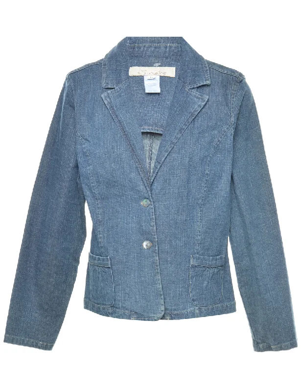 Medium Wash Denim Blazer Jacket - L Stand-Up Collar Roll-Neck Collar Turtle Neck