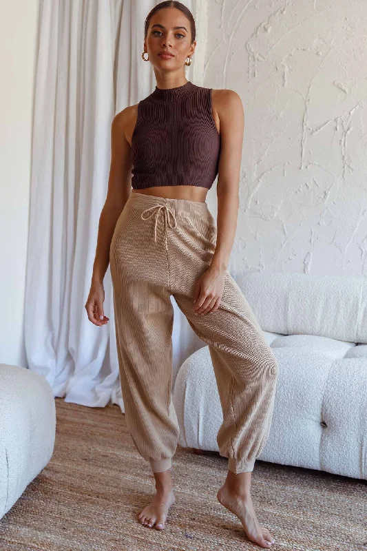 New Soul Drawstring Ribbed Knit Jogger Pants Camel Relaxed High-Waist Trousers